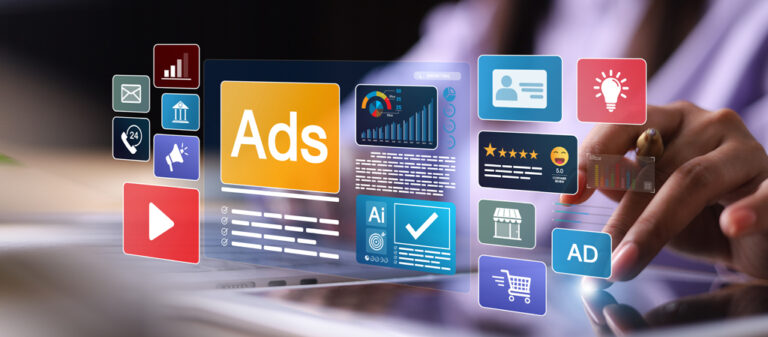 Interfaz de marketing digital con anuncios y análisis en un dispositivo táctil.