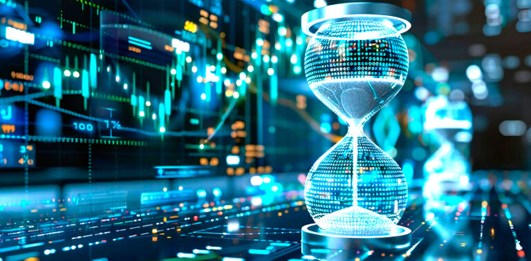 Reloj de arena digital con datos y gráficos financieros de fondo.