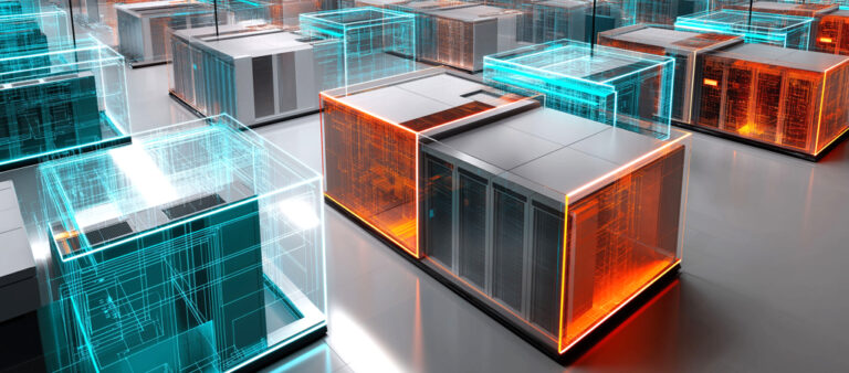 Servidores de datos futuristas con superposiciones digitales brillantes en azul y naranja, representando una infraestructura de red avanzada y sistemas de datos.