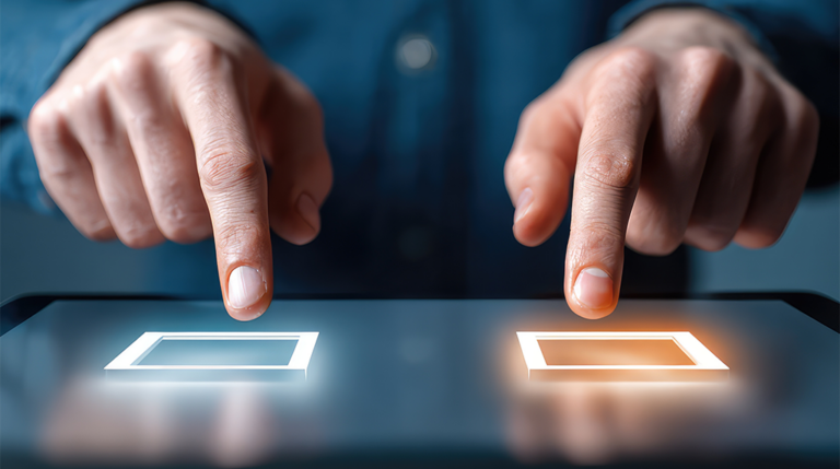 Manos señalando dos botones digitales que representan una elección o proceso de toma de decisiones